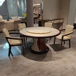 Round Marble Dining Table with smooth Lazy Susan and Button-Tufted Leather Pedestal